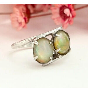 Faux Ethiopian Oval Cut Double Stone Sterling Silver 925 Stamped Ring - sz 5.5